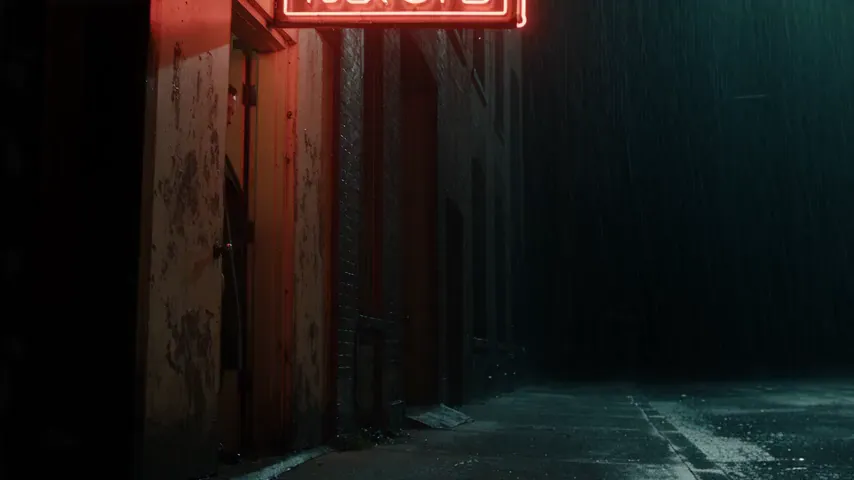 Seedance 2.5 test render of the rainy detective prompt: a man in a dark overcoat in a doorway lit by red neon, then a slightly closer shot of him facing the camera with rain falling in the dark alley behind him.