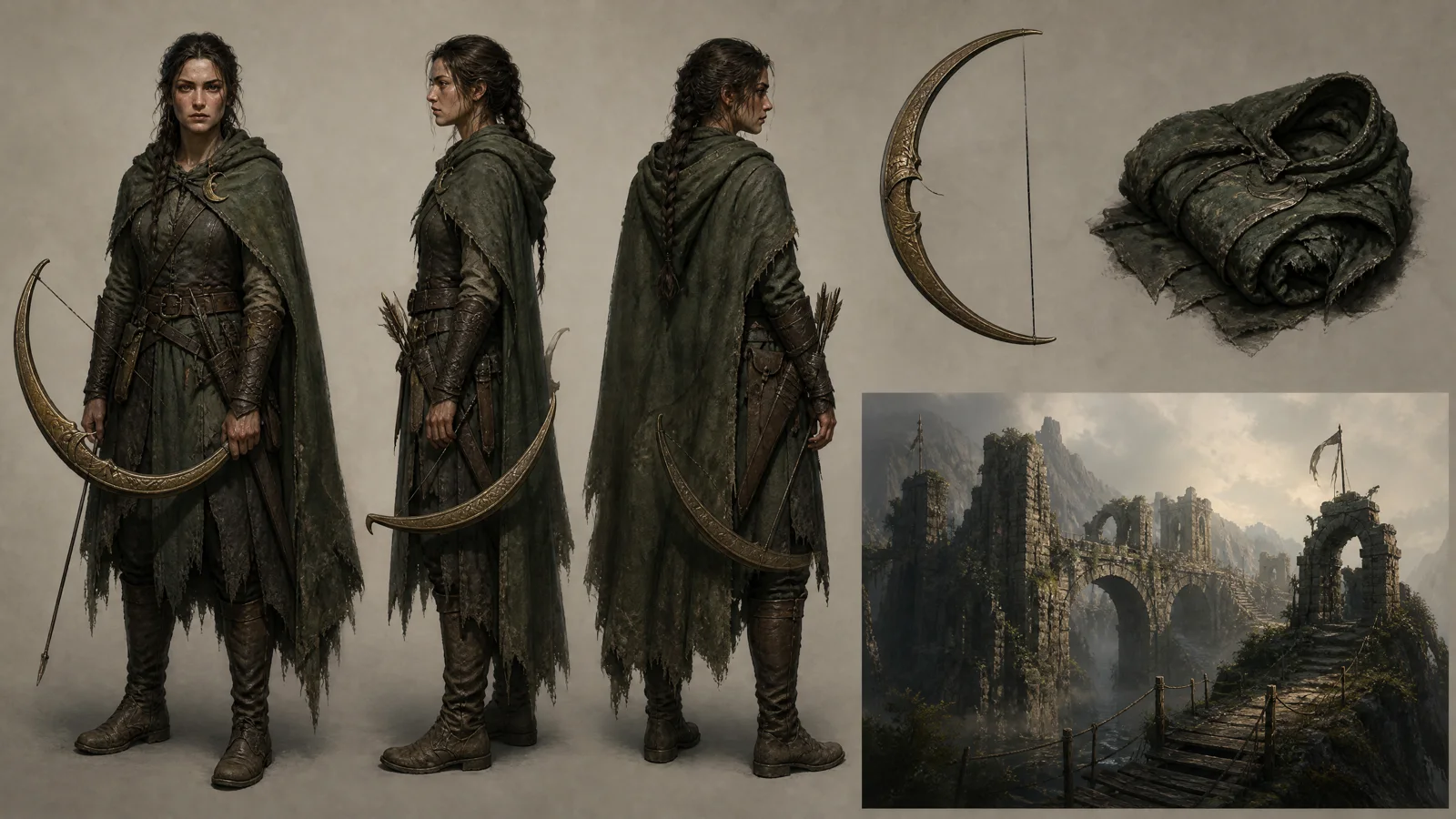 Original ranger concept sheet with costume, bow, and ruined bridge