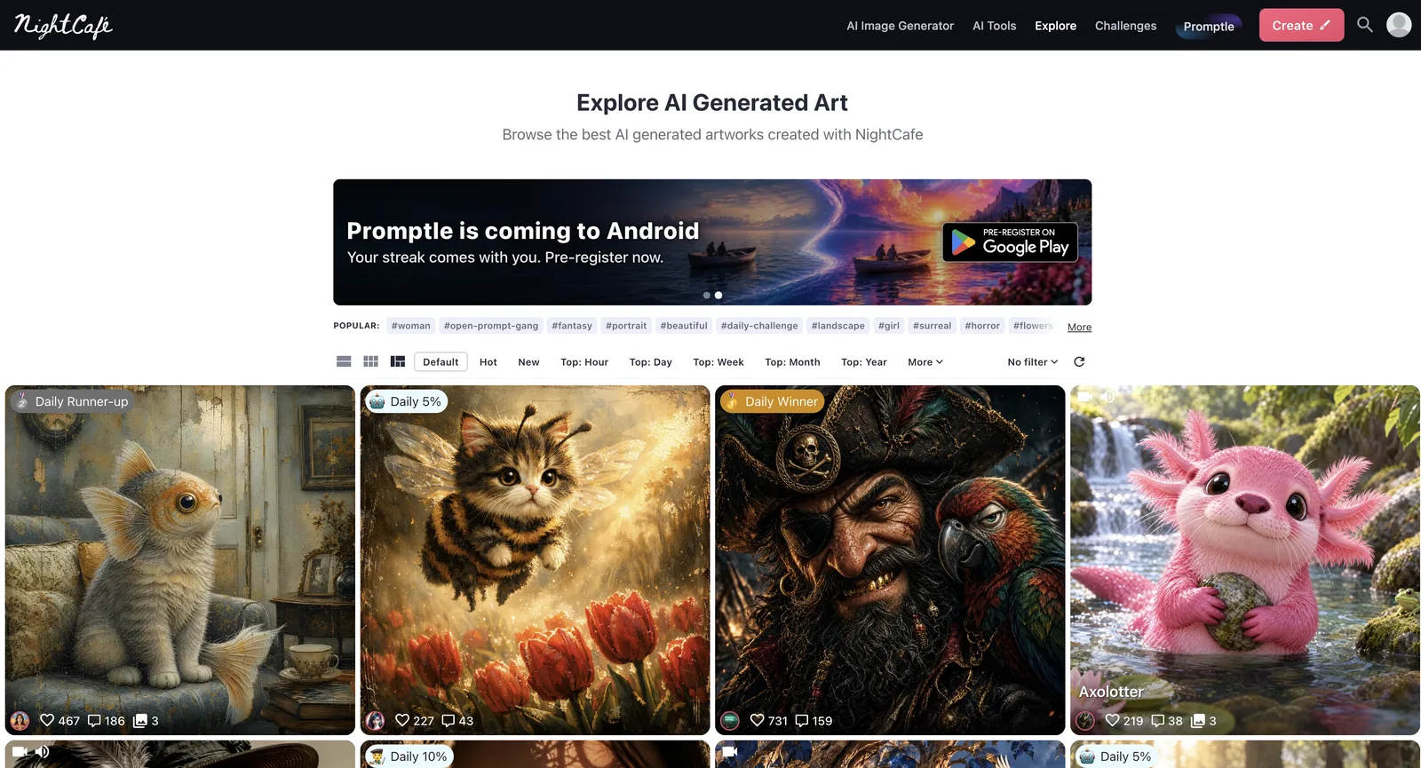 NightCafe-Seite Explore, abgemeldet: Feed Explore AI Generated Art mit beliebten Tags, Sortieroptionen und Community-Kreationen mit den Markierungen Daily Winner und Daily Runner-up