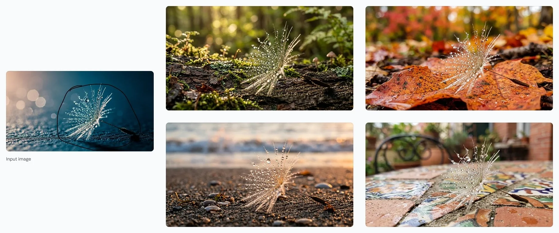 Google official Nano Banana 2.1 example: masked dandelion seed placed into four new scenes from one input image