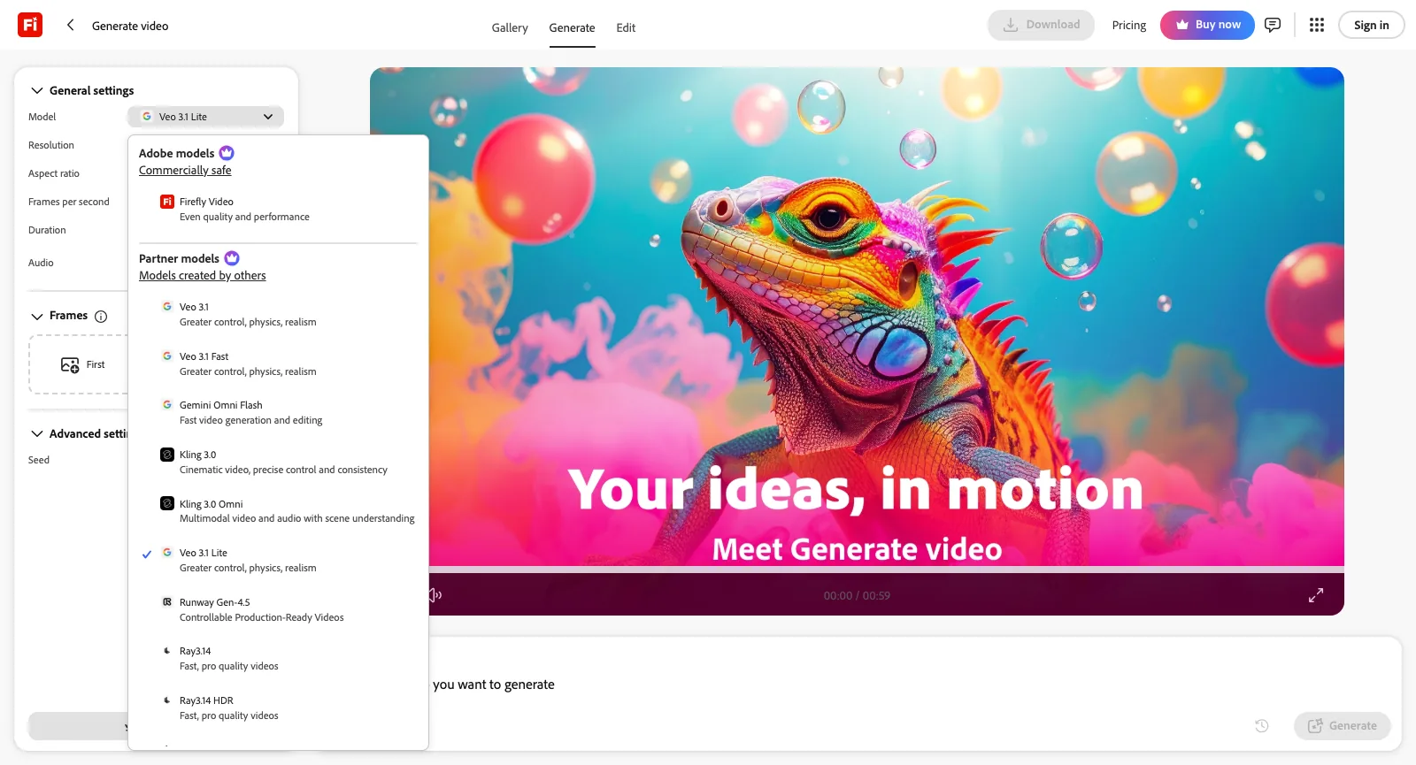 Adobe Firefly Generate video, abgemeldet, mit geöffnetem Model-Menü: Firefly Video unter Adobe models, dann Veo 3.1, Veo 3.1 Fast, Gemini Omni Flash, Kling 3.0, Kling 3.0 Omni, Veo 3.1 Lite, Runway Gen-4.5, Ray3.14 und Ray3.14 HDR unter partner models