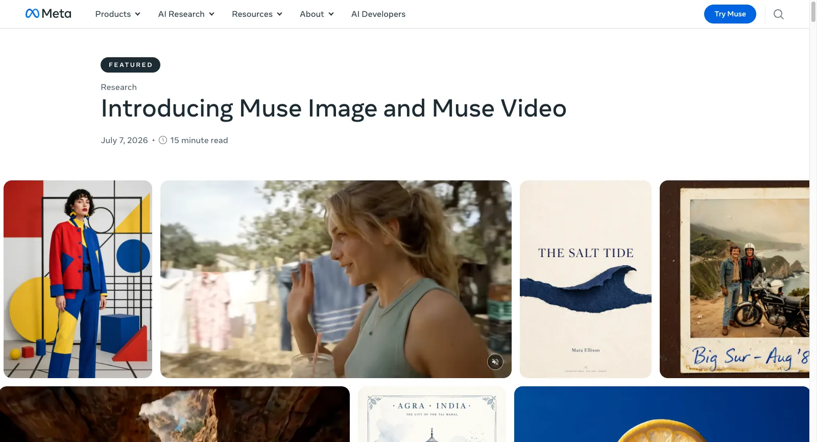 Articolo del blog di Meta AI Introducing Muse Image and Muse Video, datato 7 luglio 2026, con immagini di esempio e un fotogramma video