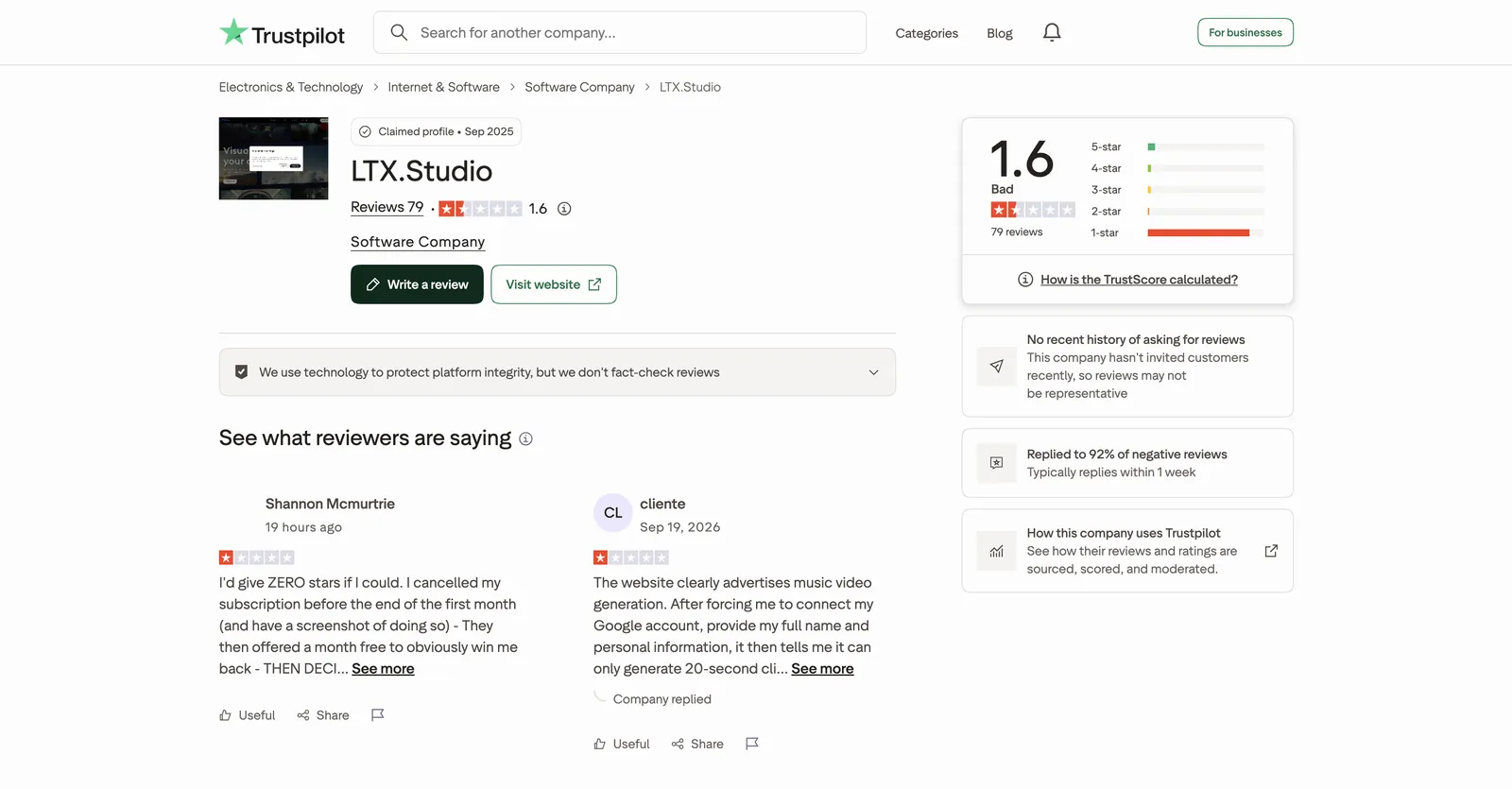 LTX.Studio en Trustpilot: TrustScore de 1,6 con 79 reseñas, perfil reclamado, respondió al 92 % de las reseñas negativas