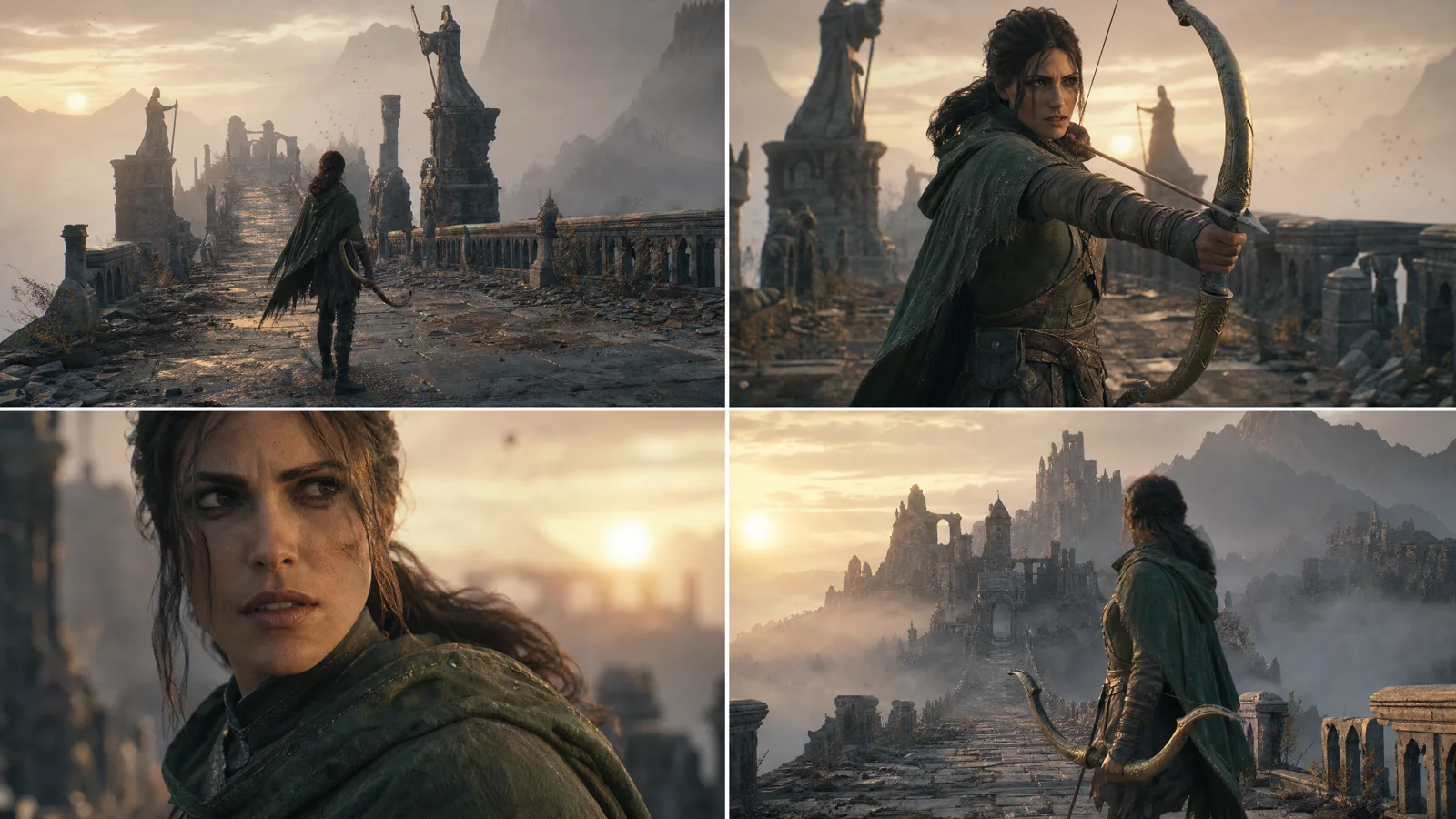 Four continuity frames of the same ranger and ruined bridge