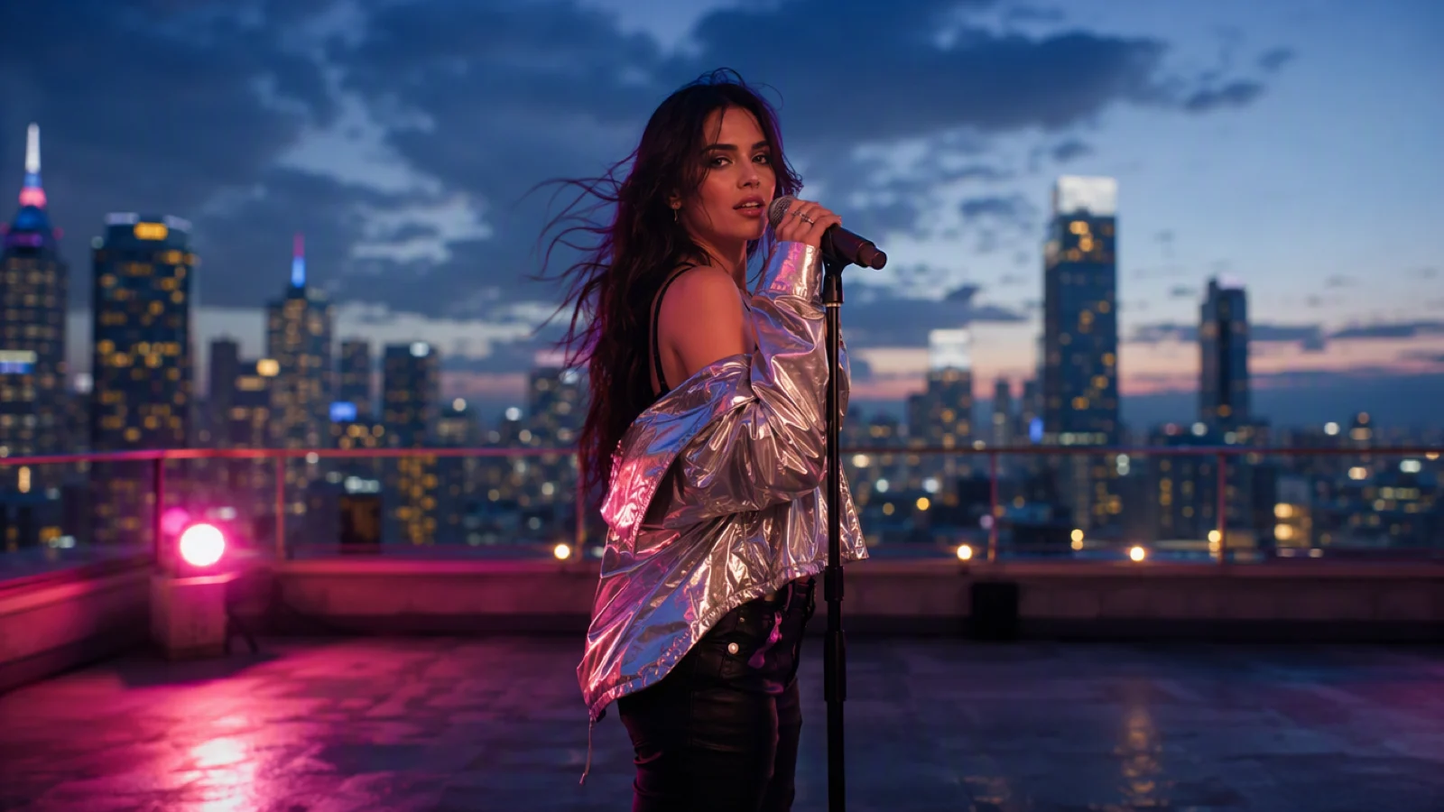 Una cantante ficticia está centrada en una azotea al anochecer, con composición apta para recorte horizontal y vertical.