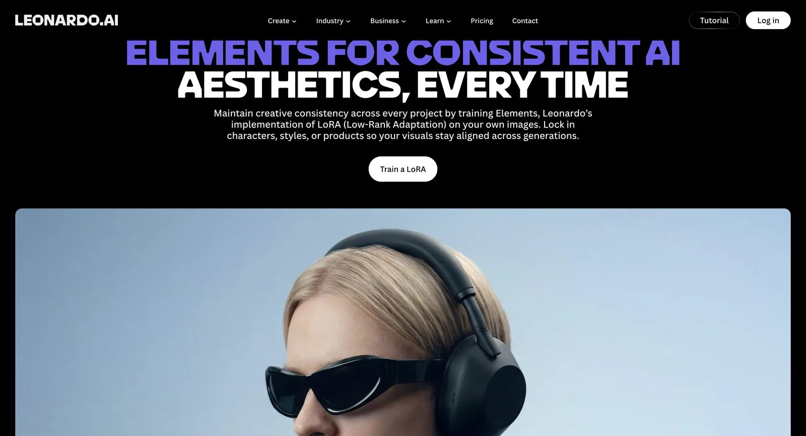 Strona Elements w Leonardo AI bez logowania: Elements dla spójnej estetyki AI za każdym razem, z przyciskiem Train a LoRA