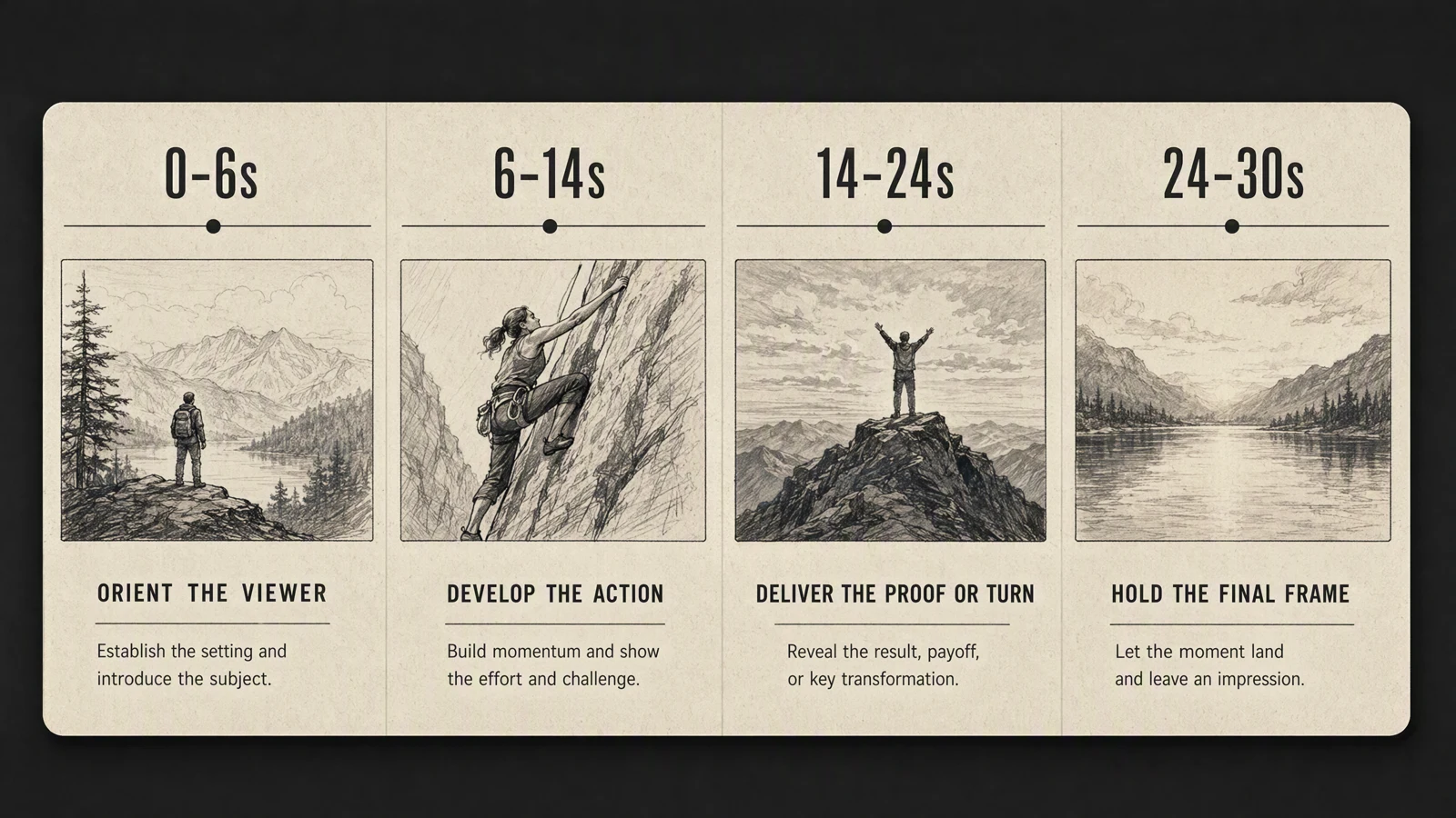 A reusable beat-sheet card for 0 to 6, 6 to 14, 14 to 24, and 24 to 30 seconds.