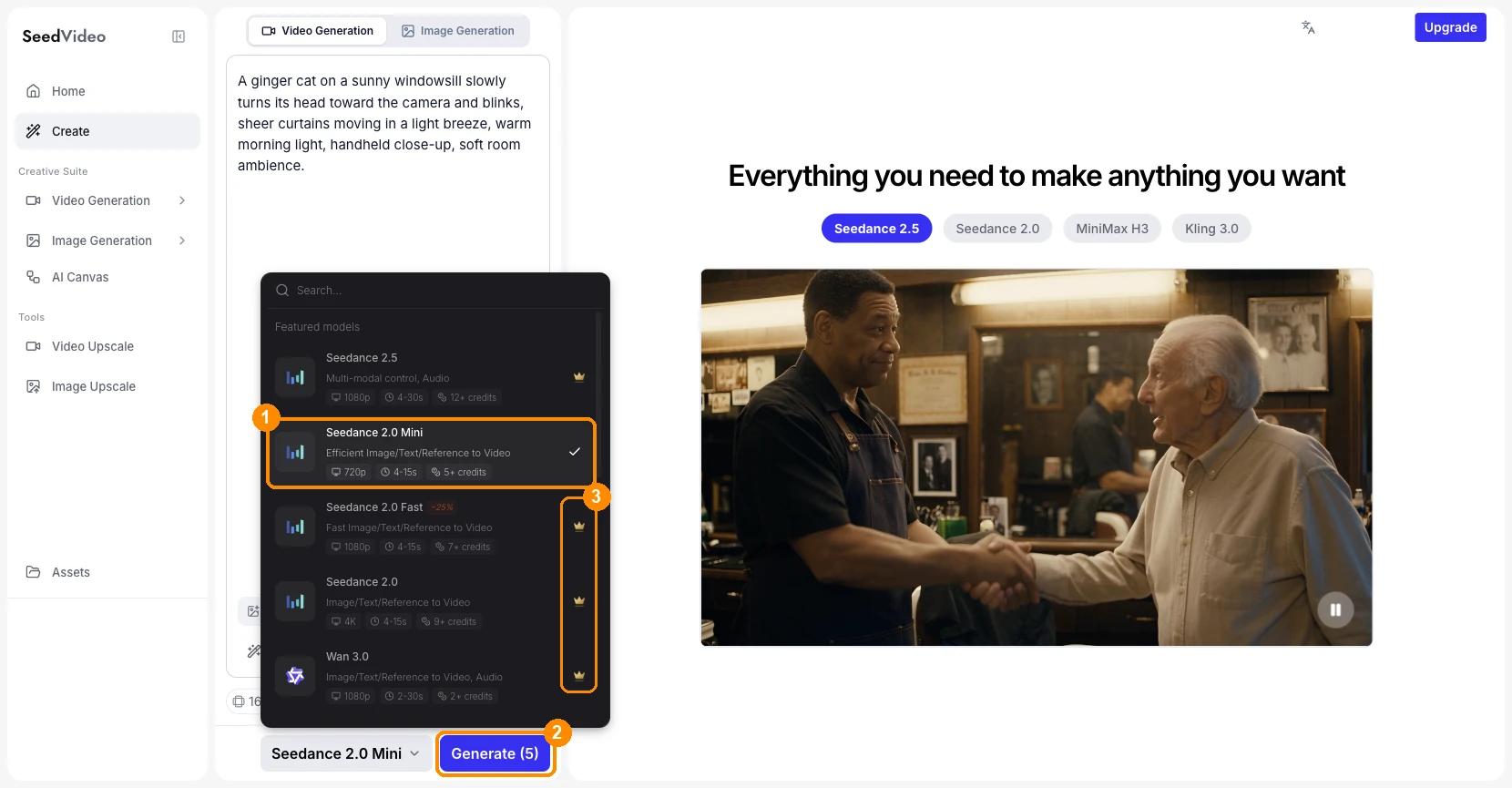 Seedance AI video generator with a prompt entered, the model menu open, Seedance 2.0 Mini selected and the button reading Generate (5); Seedance 2.0 Fast, Seedance 2.0 and Wan 3.0 carry crown icons