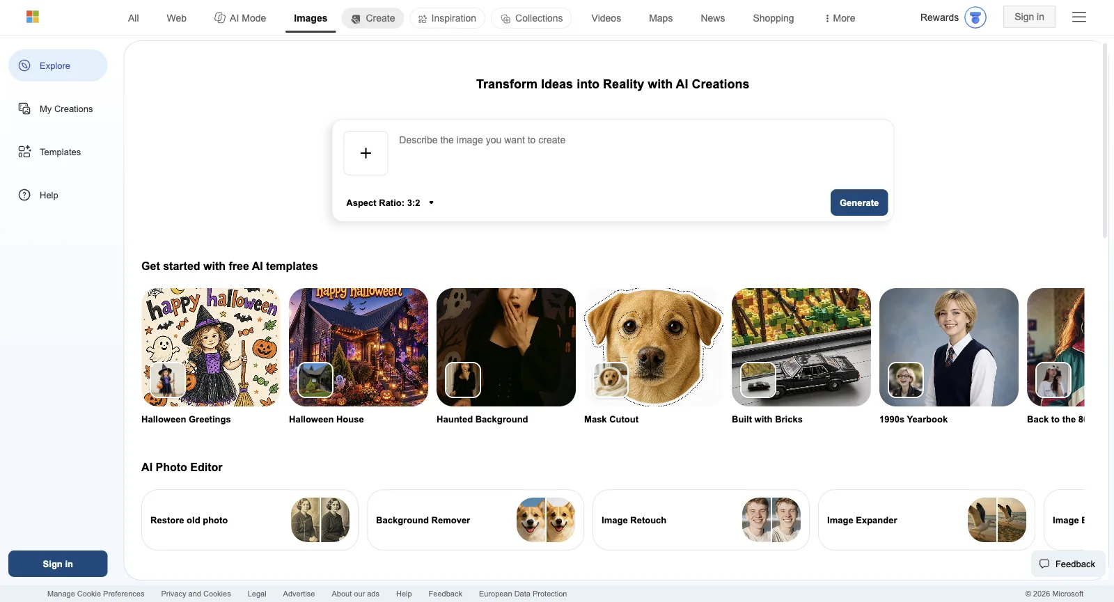 Bing Image Creator دون تسجيل الدخول: مربع الأوامر Describe the image you want to create مع الرفع وAspect Ratio 3:2، وقوالب ذكاء اصطناعي مجانية، وصف AI Photo Editor