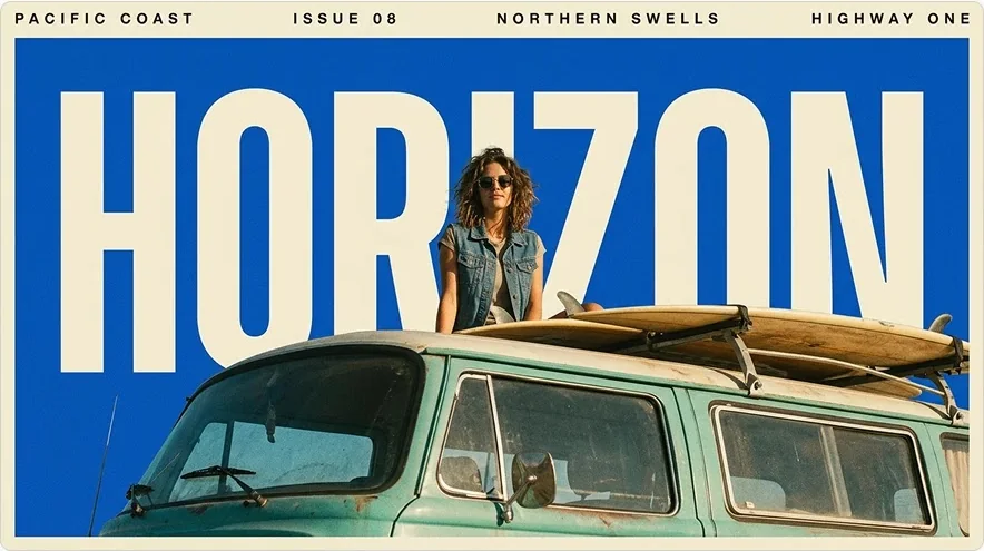 Google official Nano Banana 2.1 example: 1970s HORIZON travel poster with a woman on a teal camper van