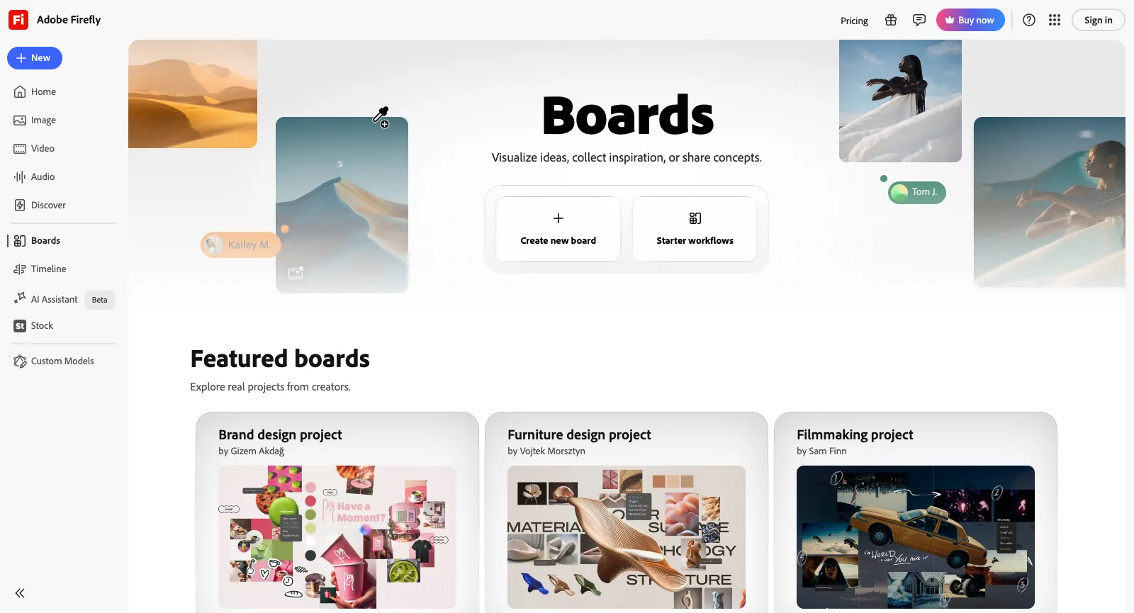 Boards-Seite von Adobe Firefly, abgemeldet: Create new board und Starter workflows, mit hervorgehobenen Boards für ein Markendesign-Projekt, ein Möbeldesign-Projekt und ein Filmprojekt