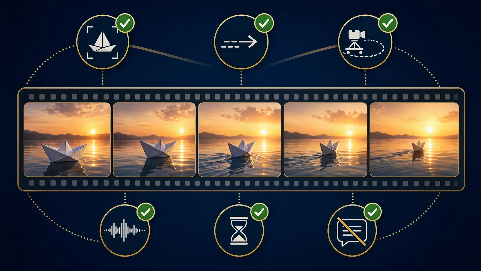 A full-clip QA checklist covering subject, motion, camera, sound, ending, and unexpected text.