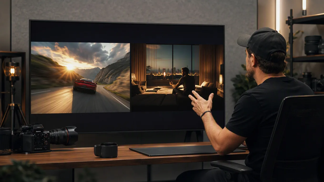 مشهد توضيحي لاستوديو يظهر منشئ محتوى يقارن بين خيارين سينمائيين مكتملين