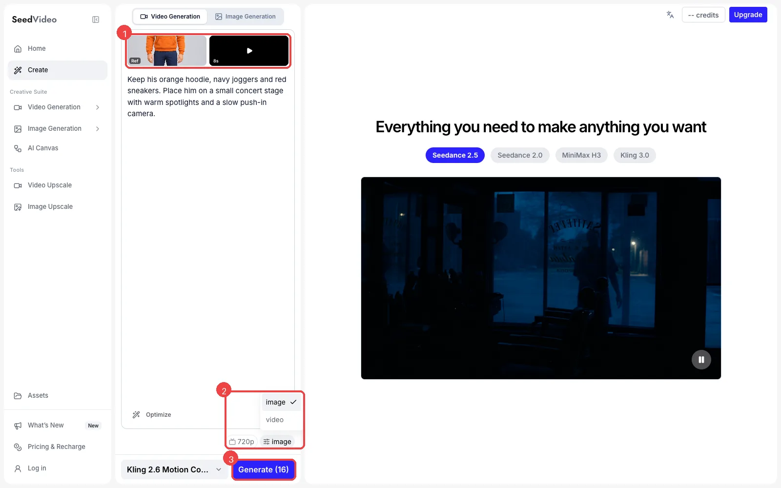 Seedance AI composer with a character image and an 8-second motion video attached, a prompt typed in, the Character Orientation menu open and the Generate button showing 16 credits