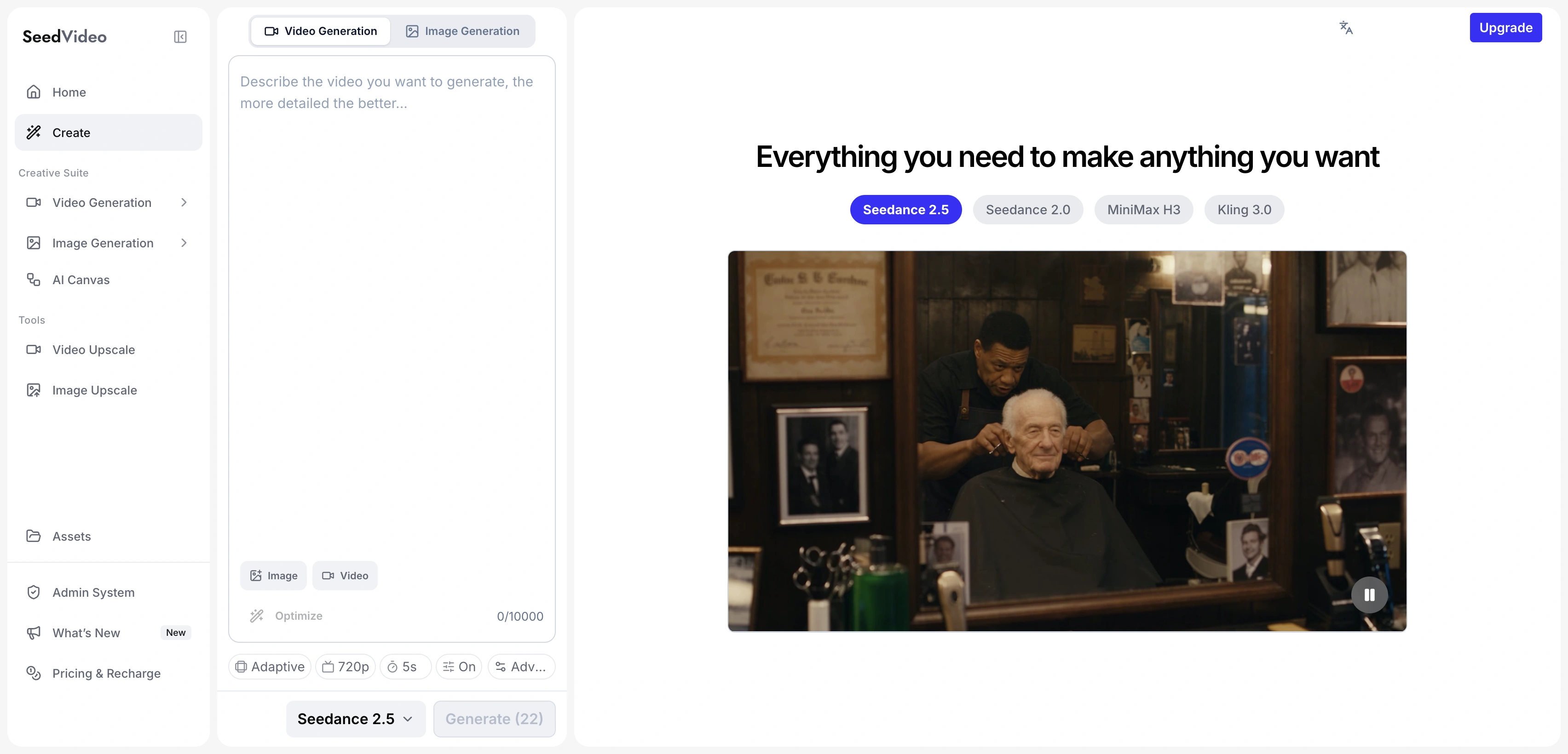 Seedance AI English generator workspace with model picker, prompt editor and preview