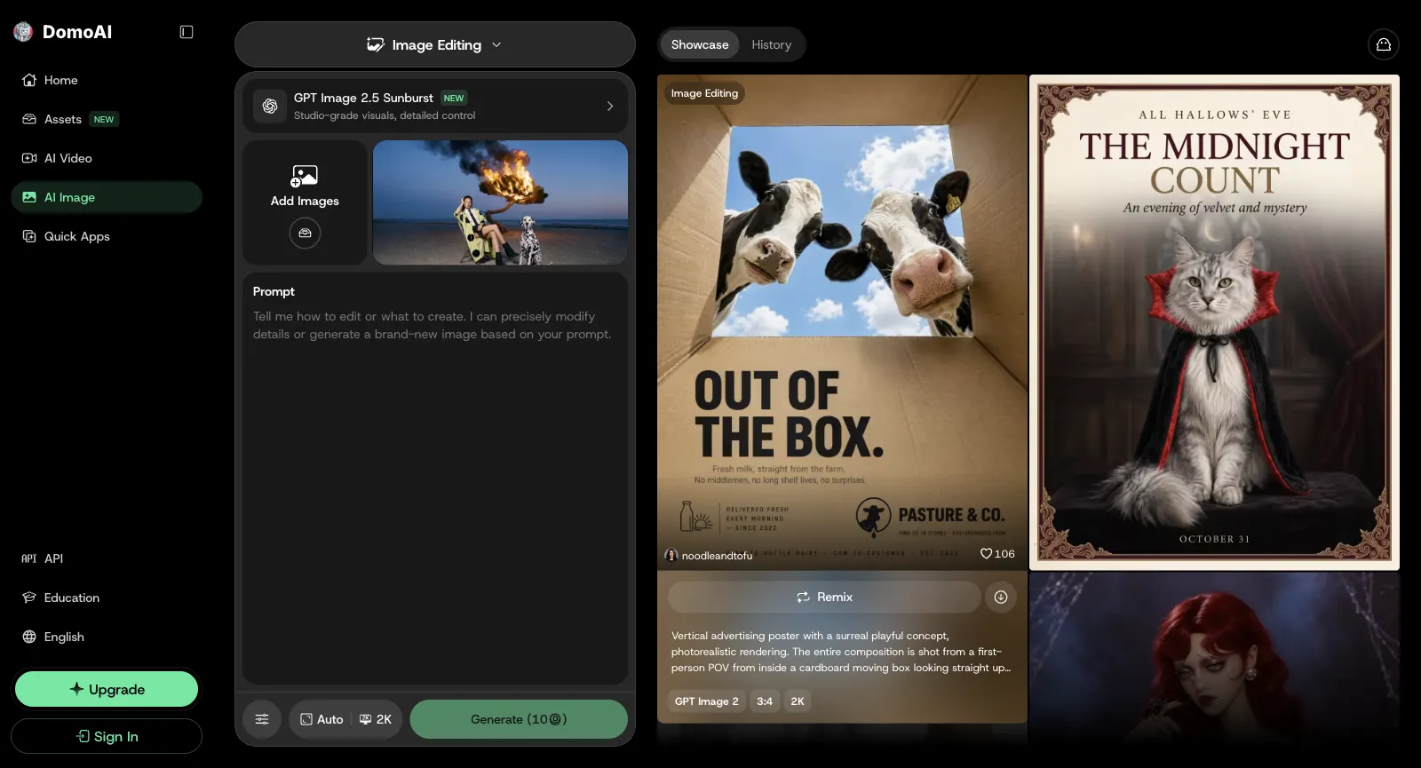 DomoAI Image Editing workspace, logged out: GPT Image 2.5 Sunburst selected, Add Images, a prompt box, 2K and Generate (10 credits), with a showcase of posters