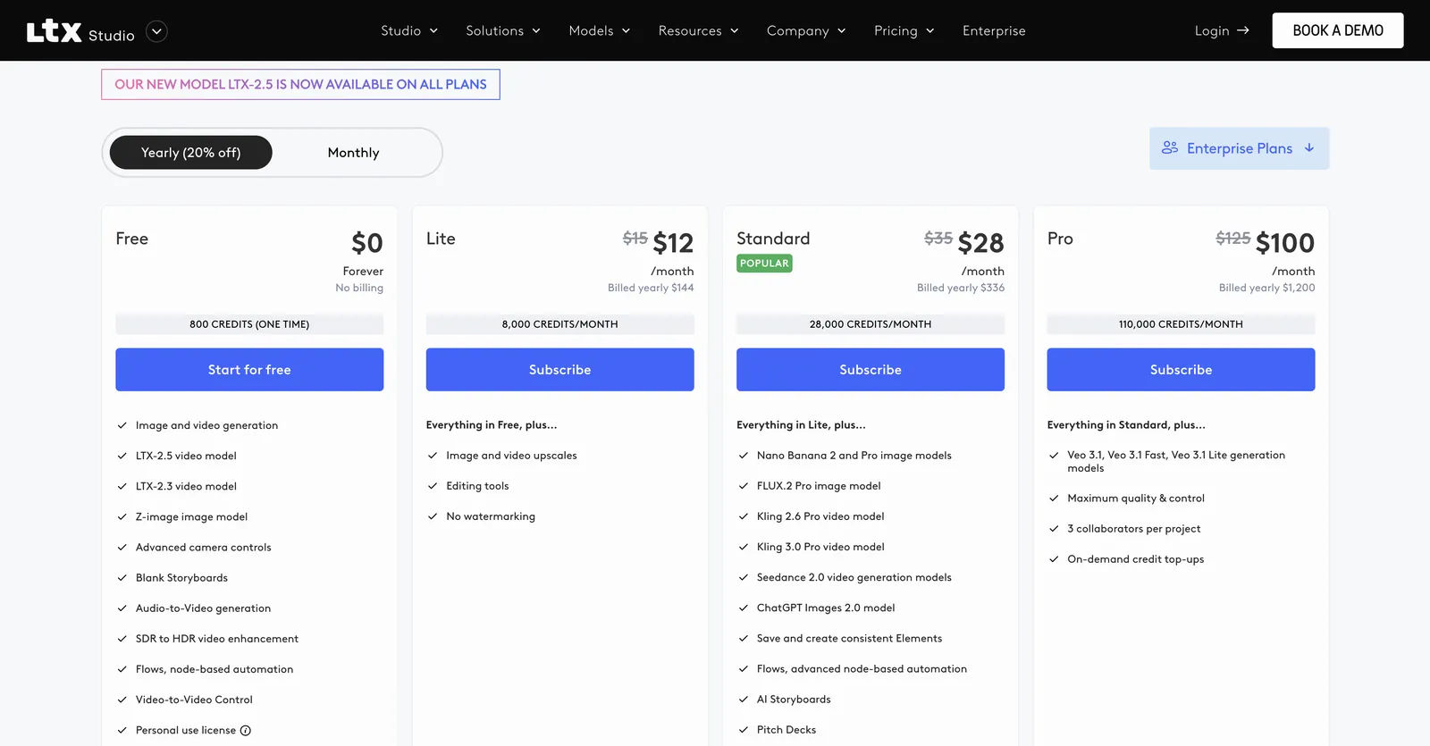 Precios de LTX Studio, sin iniciar sesión, facturación anual: Free $0 con 800 créditos únicos, Lite $12, Standard $28 y Pro $100 al mes con facturación anual, con los créditos mensuales de cada plan