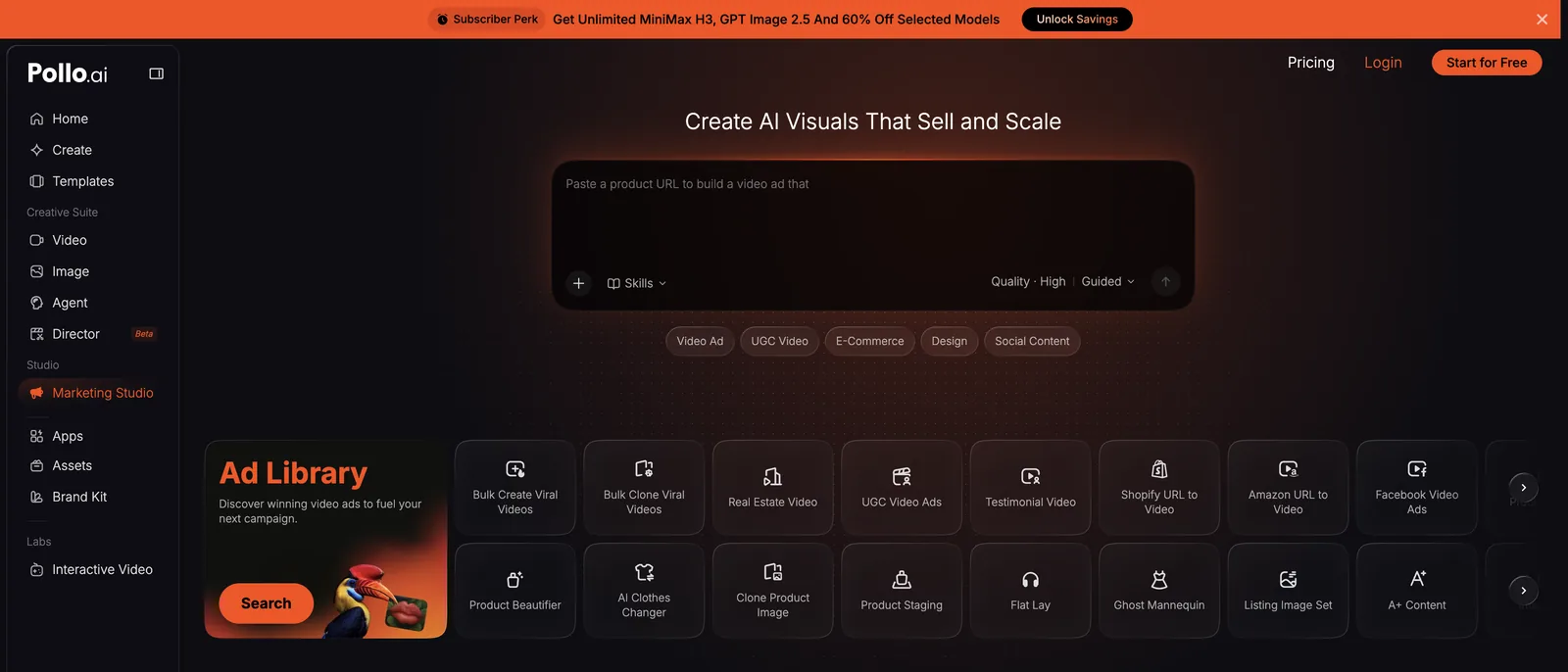 Pollo AI Marketing Studio with a product URL prompt box, Ad Library and ad workflow tiles