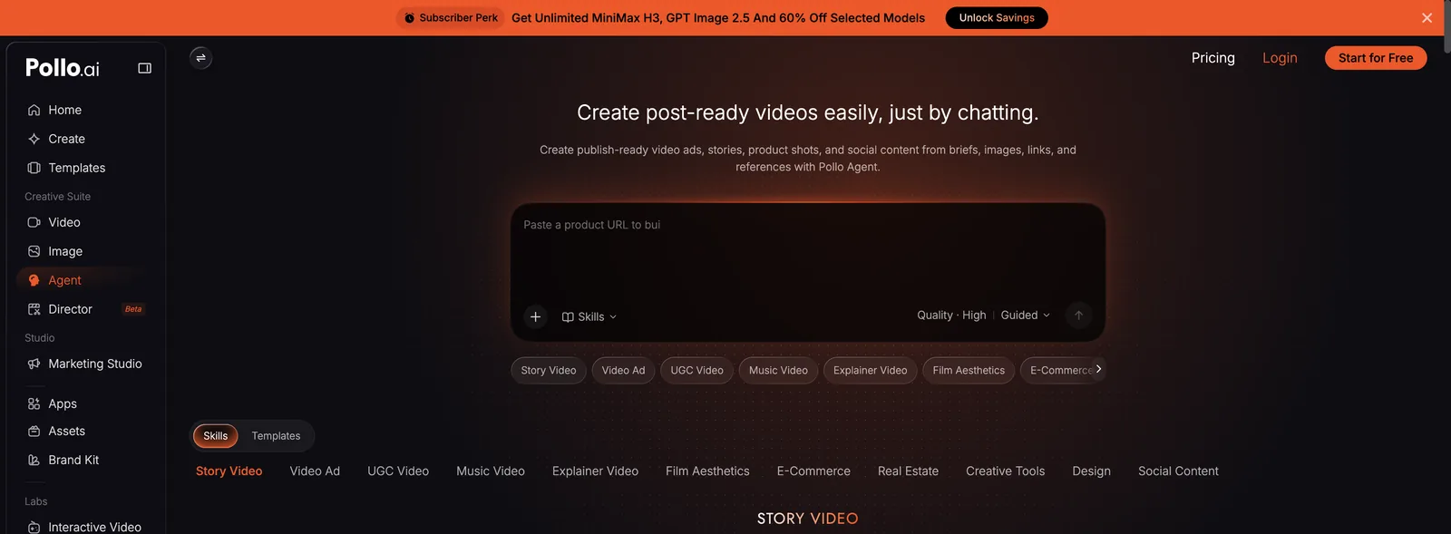 Pollo Agent workspace with a chat prompt box, skill chips and the Pollo AI sidebar
