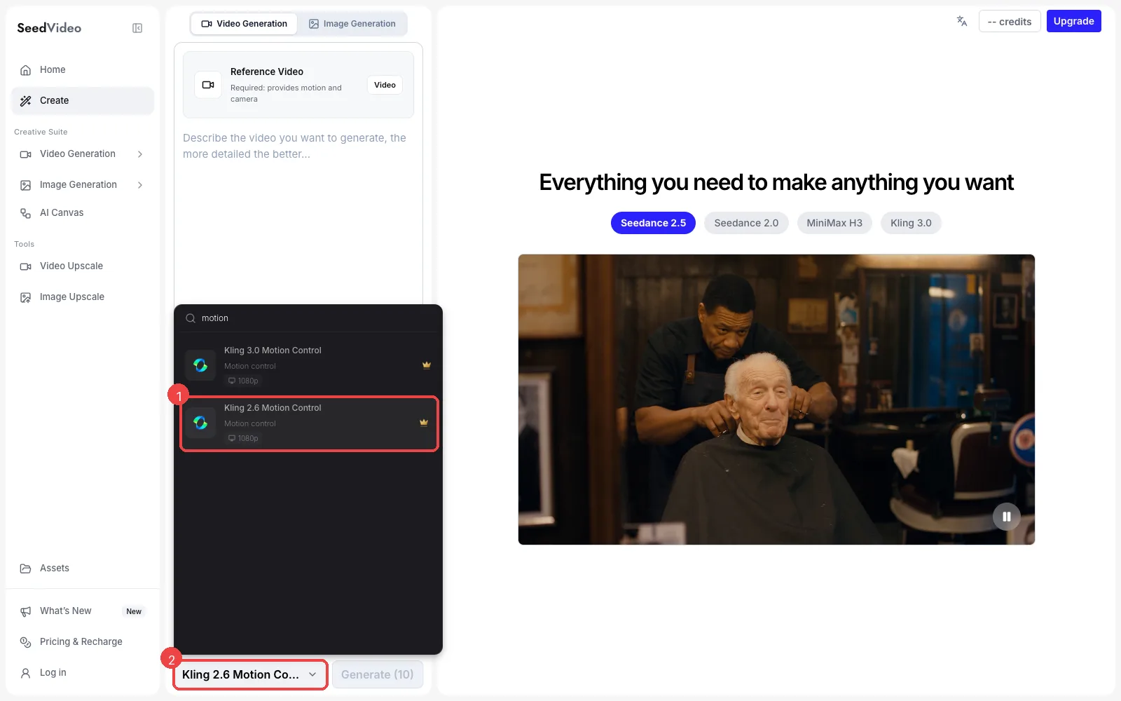 Seedance AI generator with the model menu filtered by "motion", showing Kling 3.0 Motion Control and Kling 2.6 Motion Control, with Kling 2.6 Motion Control highlighted