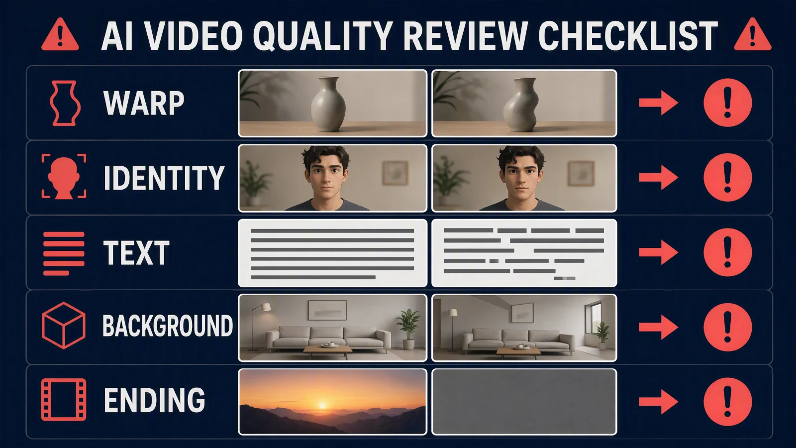 A review checklist for warp, identity drift, text distortion, background change, and abrupt endings