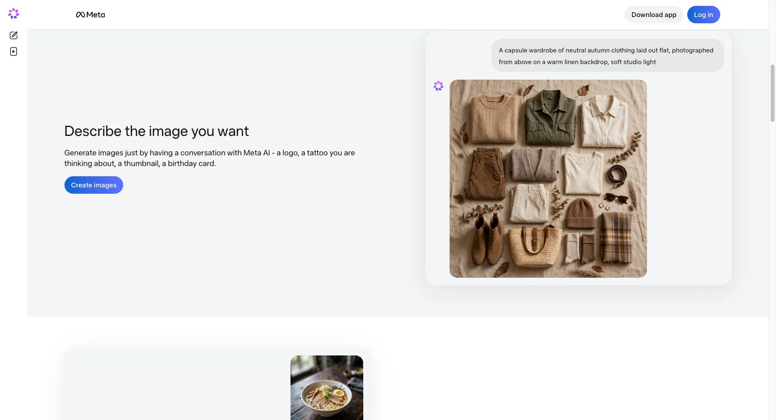 meta.ai senza accesso: Describe the image you want, Generate images just by having a conversation with Meta AI, con un pulsante Create images e un’immagine di esempio di un guardaroba capsule