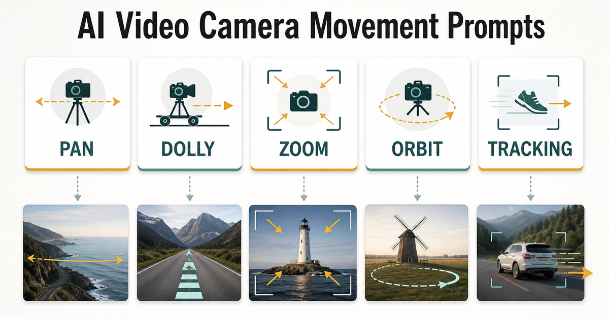 AI video camera movement prompt cards for pan, dolly, zoom, orbit, and tracking shots.