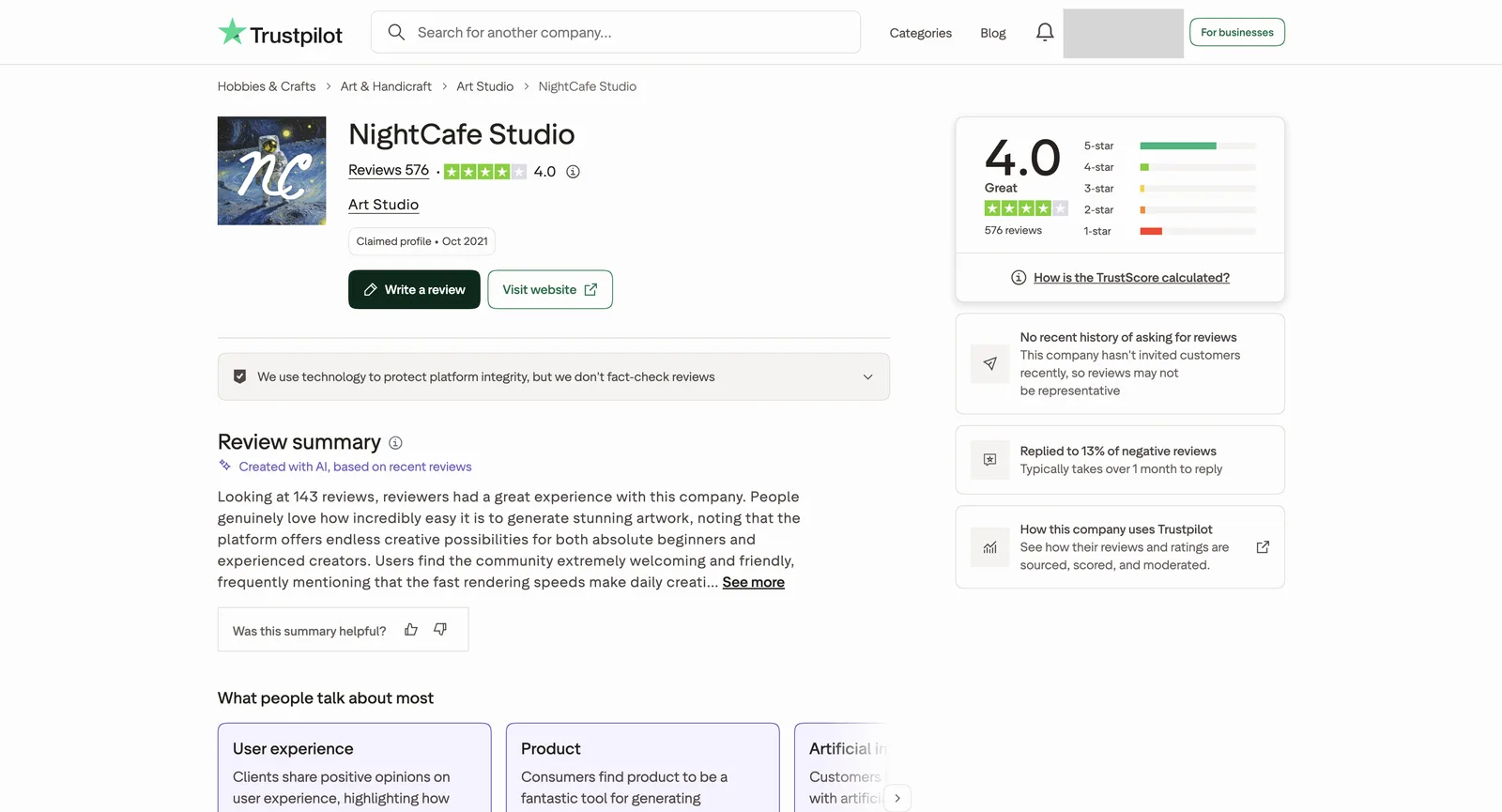 NightCafe Studio auf Trustpilot: beanspruchtes Profil, TrustScore 4,0 aus 576 Bewertungen, keine aktuellen Bewertungseinladungen, Antwort auf 13 % der negativen Bewertungen