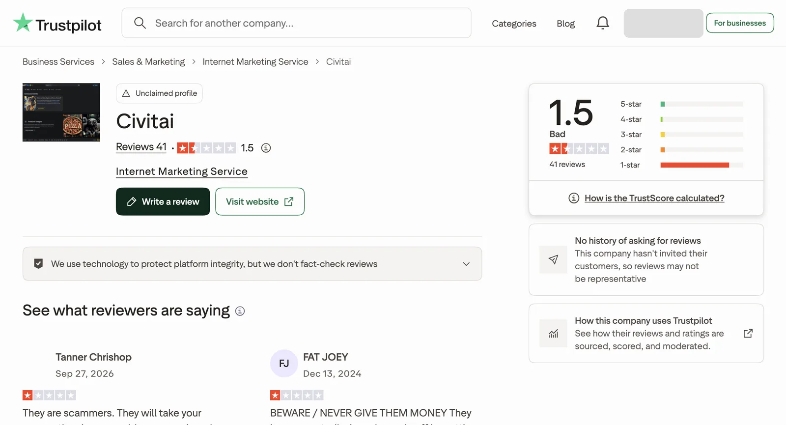 Civitai على Trustpilot: ملف غير مُطالَب به، وTrustScore 1.5 من 41 مراجعة، معظمها بنجمة واحدة