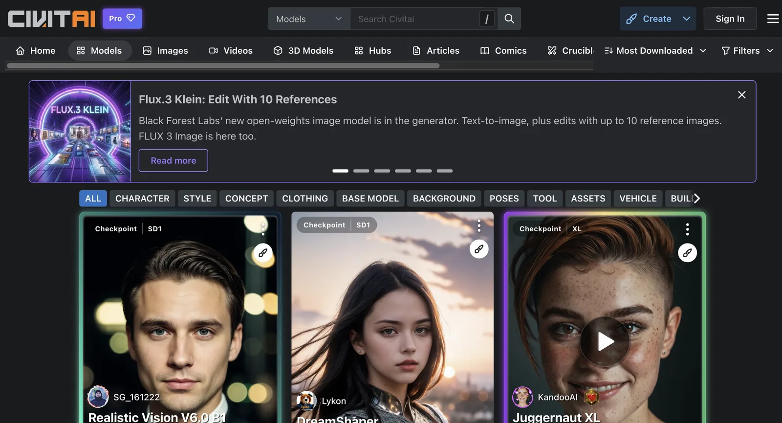 صفحة Models في Civitai دون تسجيل الدخول، مرتبة حسب Most Downloaded: بطاقات نماذج checkpoint لـRealistic Vision وDreamShaper وJuggernaut XL مع عدد التحميلات