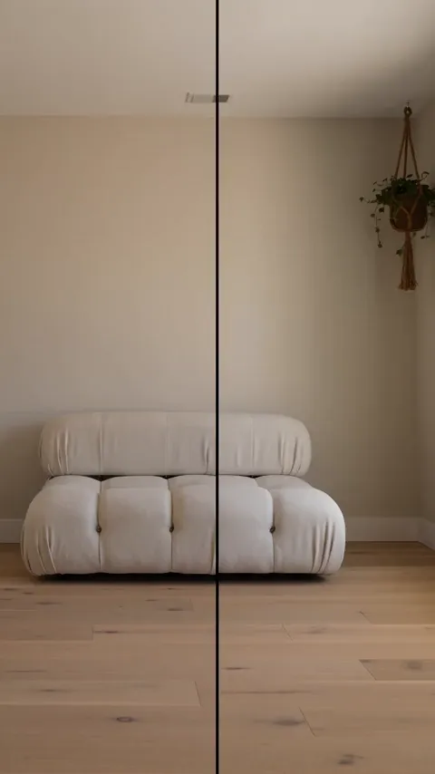 Vertical Seedance 2.5 test render of the room styling prompt: a plain beige room with a white sofa split by a vertical line, the right half gaining a rug and side table, then a glowing floor lamp and flowers.