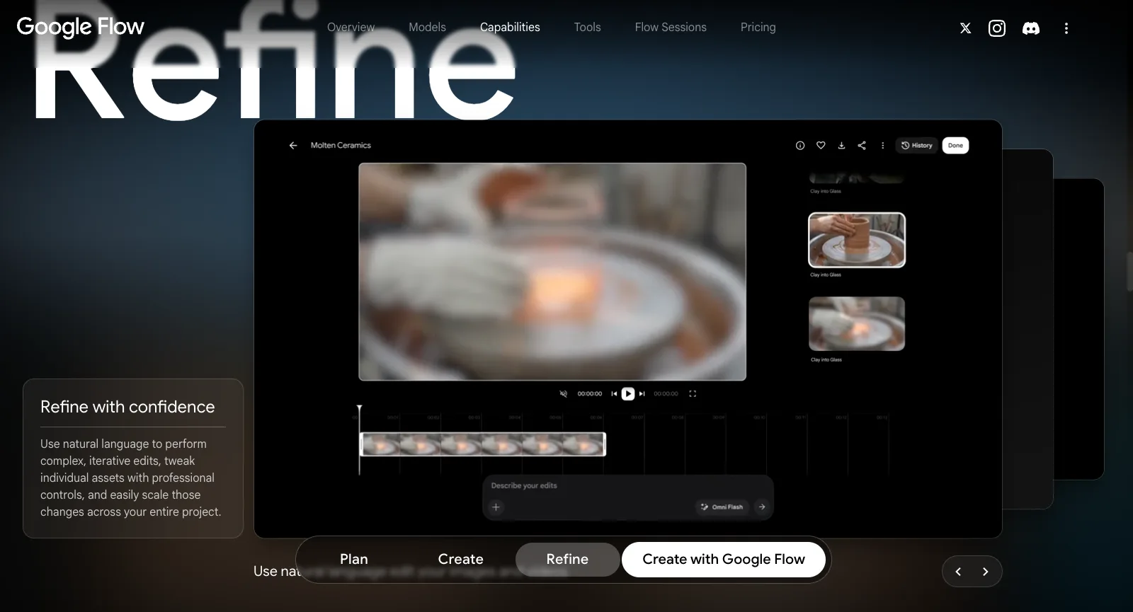 صفحة About في Google Flow دون تسجيل الدخول: قدرة Refine بعنوان Refine with confidence، مع خط زمني للمقطع ومربع Describe your edits