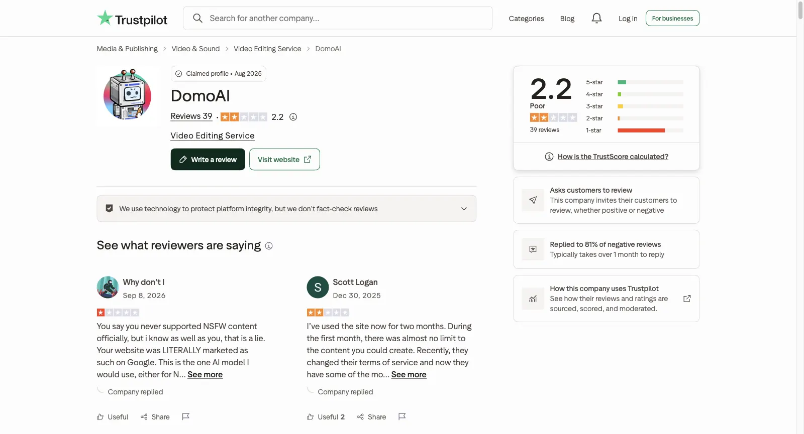 DomoAI on Trustpilot: claimed profile since Aug 2025, 2.2 TrustScore from 39 reviews, Asks customers to review, Replied to 81% of negative reviews