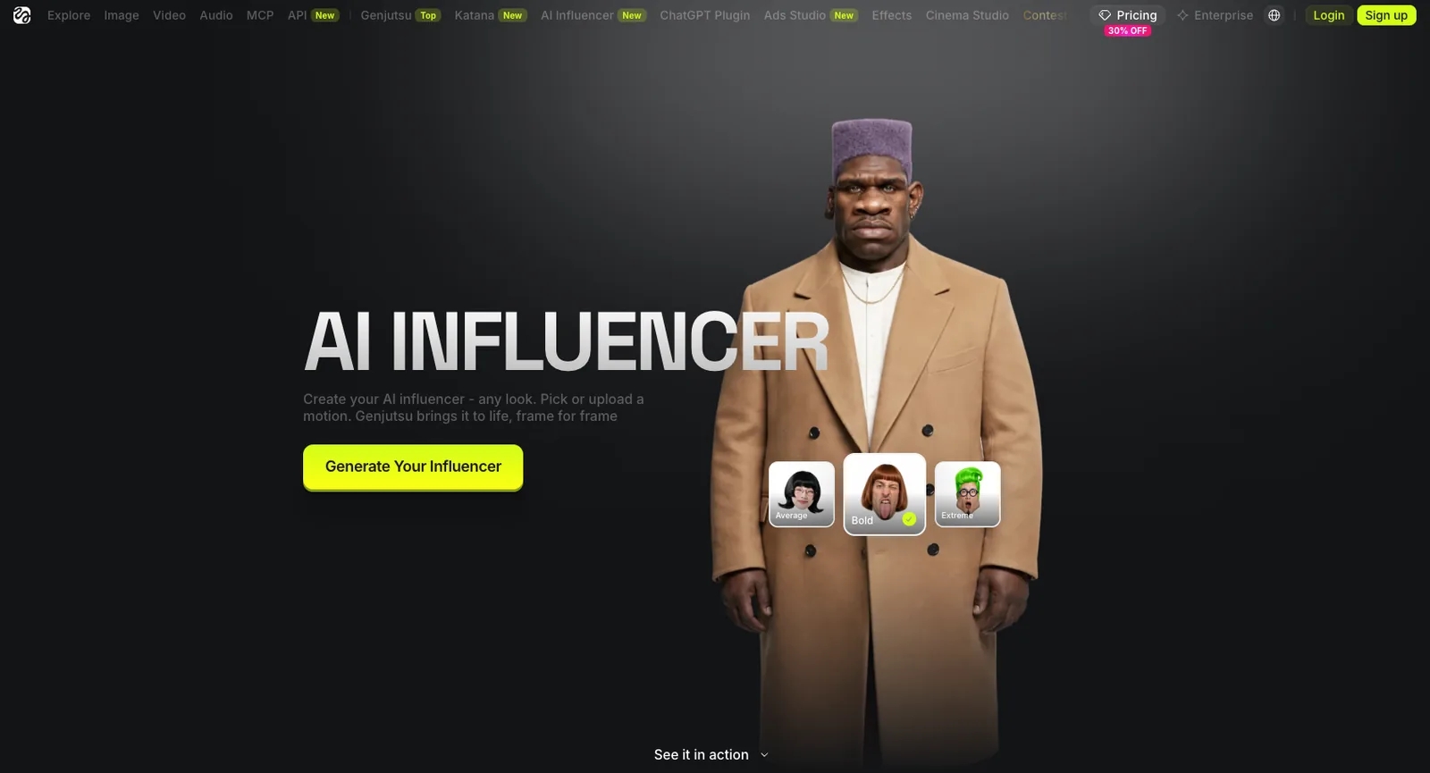 Higgsfield AI Influencer page with a generated presenter and a Generate Your Influencer button