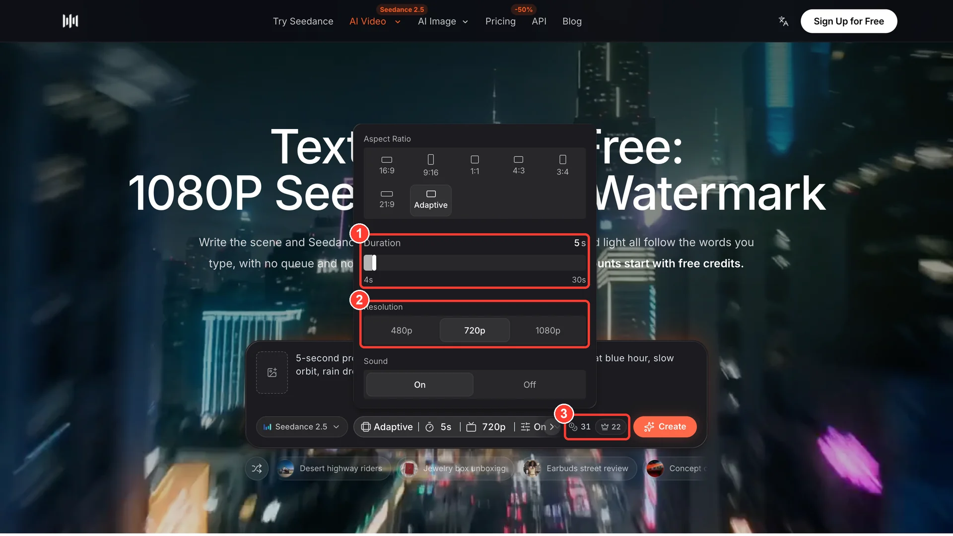 Seedance 2.5 settings panel in the Seedance AI generator with the duration slider from 4 to 30 seconds and resolution options 480p, 720p and 1080p