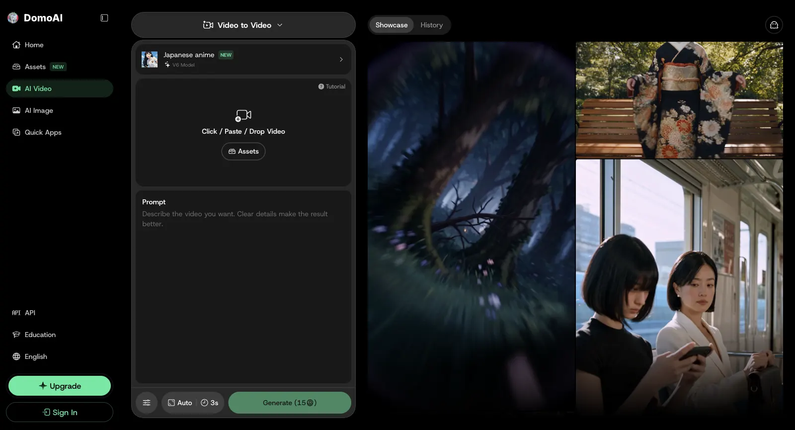 DomoAI Video to Video workspace, logged out: Japanese anime style selected, Click / Paste / Drop Video, a prompt box and Generate (15 credits) for a 3-second clip