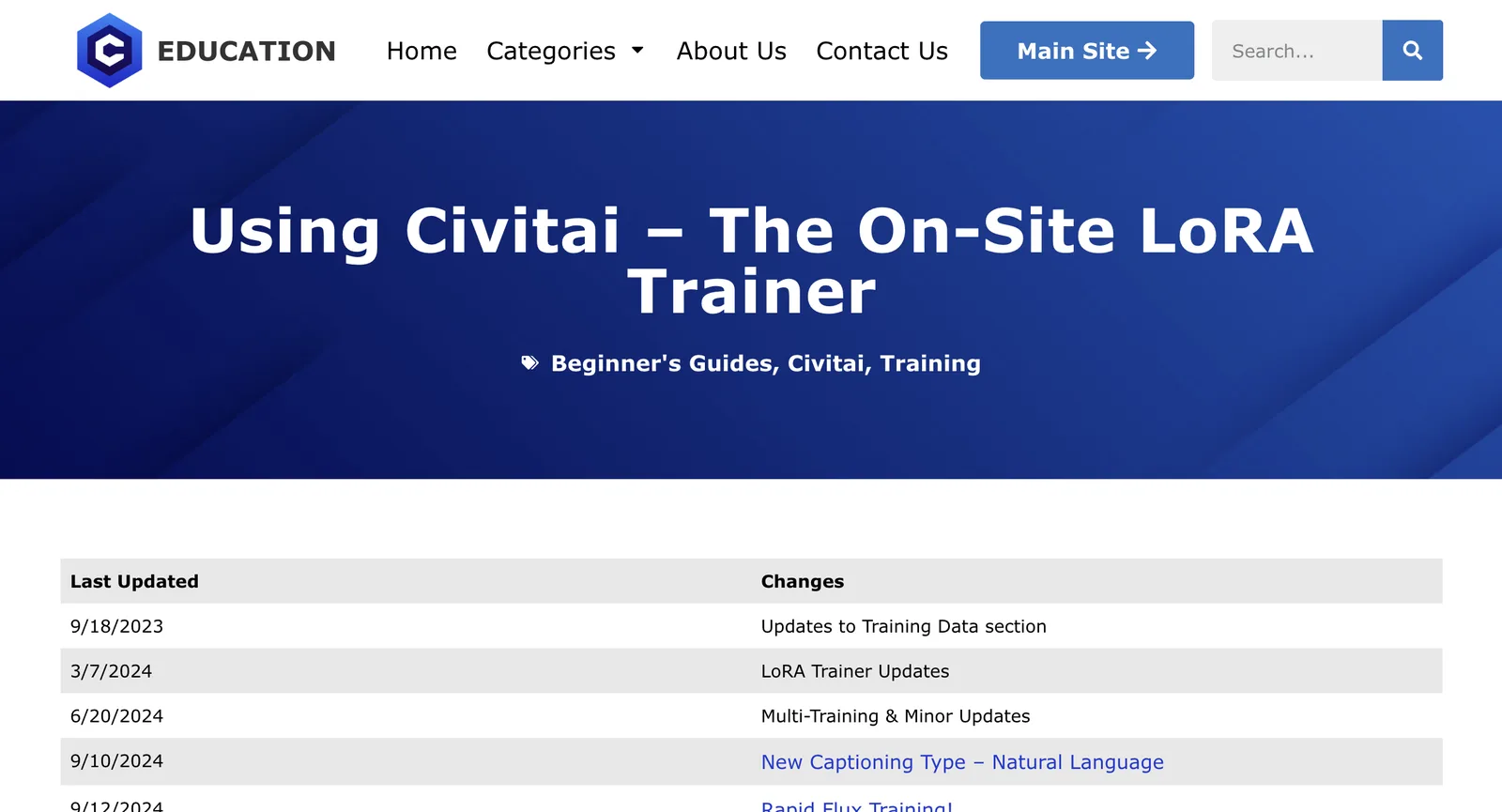 دليل Civitai Education لمدرّب LoRA داخل الموقع، وينتهي سجل تحديثاته بتدريب LoRA للفيديو ومحركات تدريب جديدة (4/1/2026)