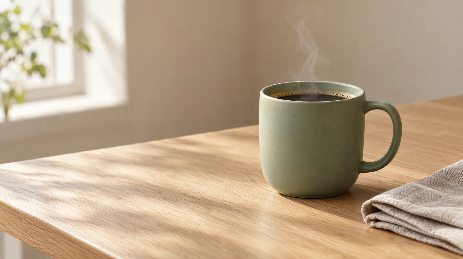 Sage green ceramic mug of black coffee with rising steam on a light oak table beside a folded linen napkin, soft morning window light