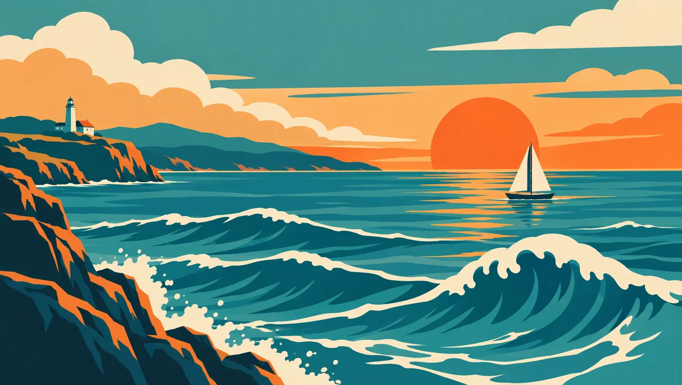 Póster vectorial plano de mar con olas, un velero, nubes y un sol poniente