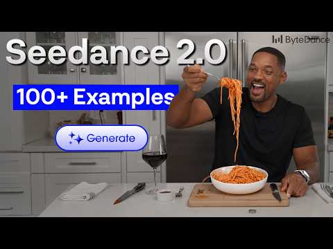 Seedance 2.0 review thumbnail showing a man holding spaghetti beside the words 100+ Examples