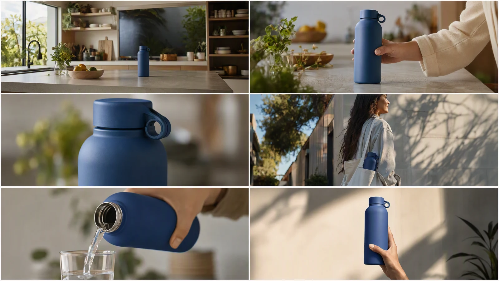 File de six plans montrant la même bouteille bleu cobalt