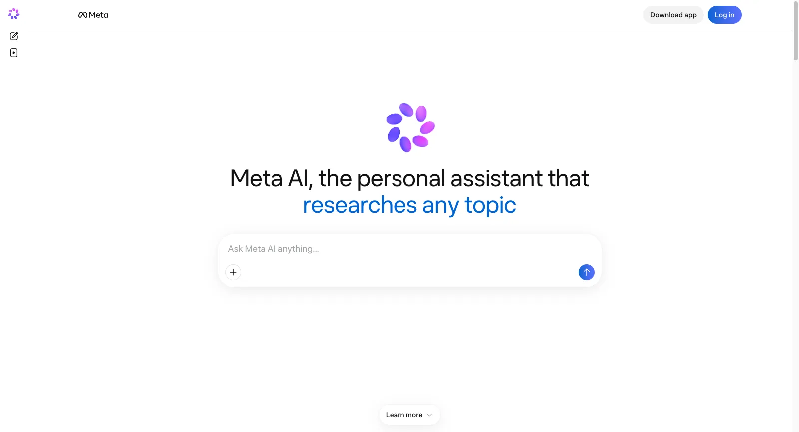 meta.ai senza accesso: Meta AI, the personal assistant that researches any topic, con la casella Ask Meta AI anything, Download app e Log in