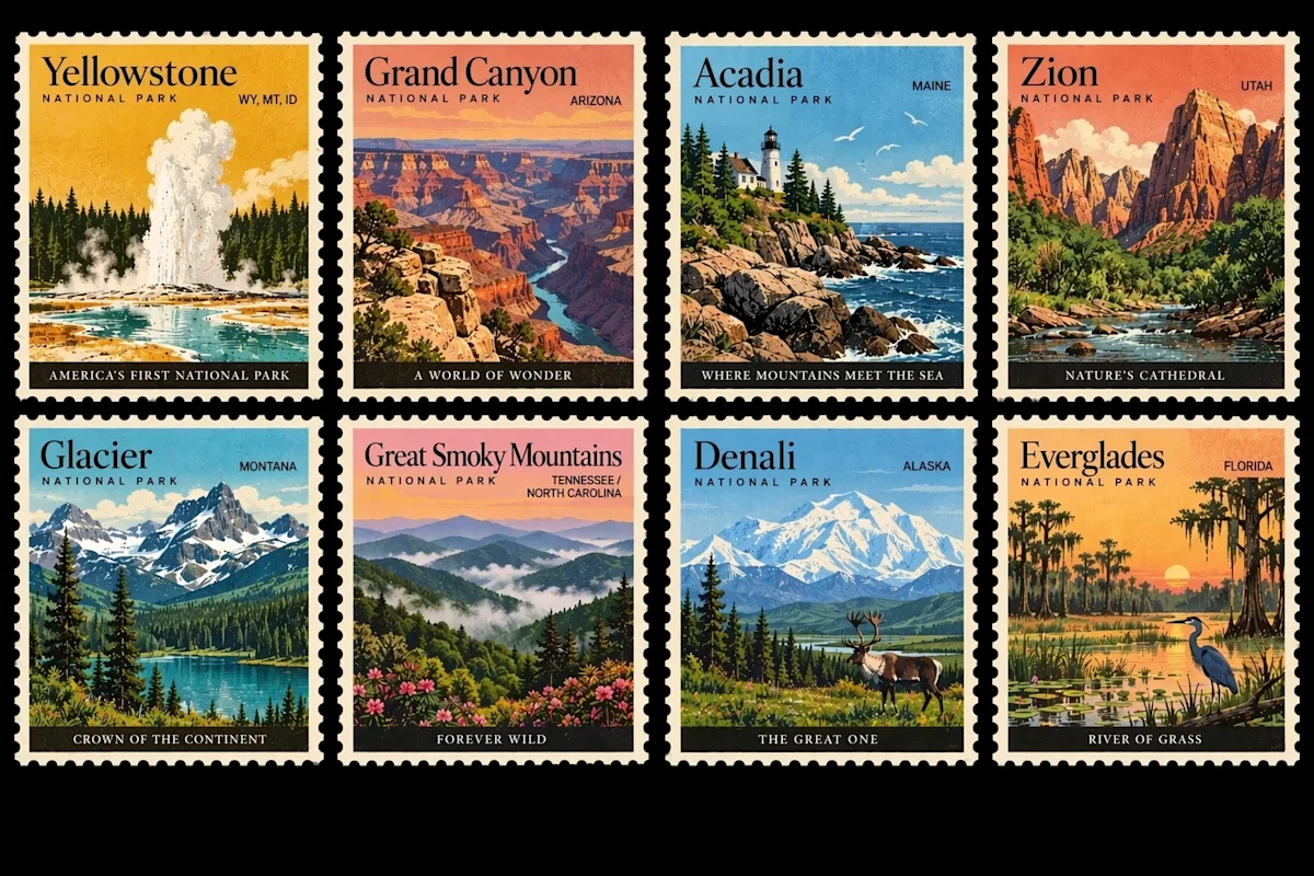 Official GPT Image 2.5 example: Eight vintage-style stamps depicting US national parks including Yellowstone, Grand Canyon, and Zion