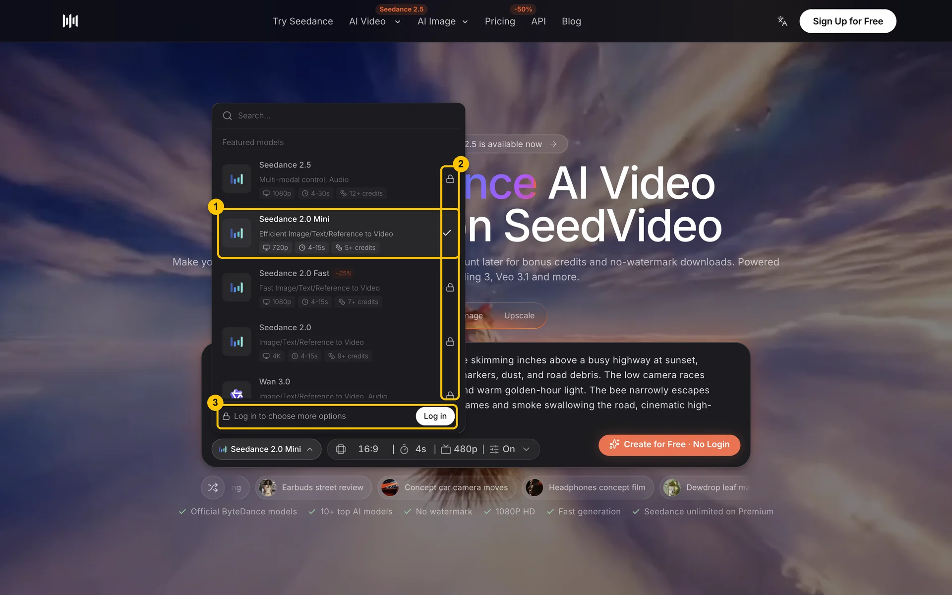 Video model menu in the no-login trial with locked models