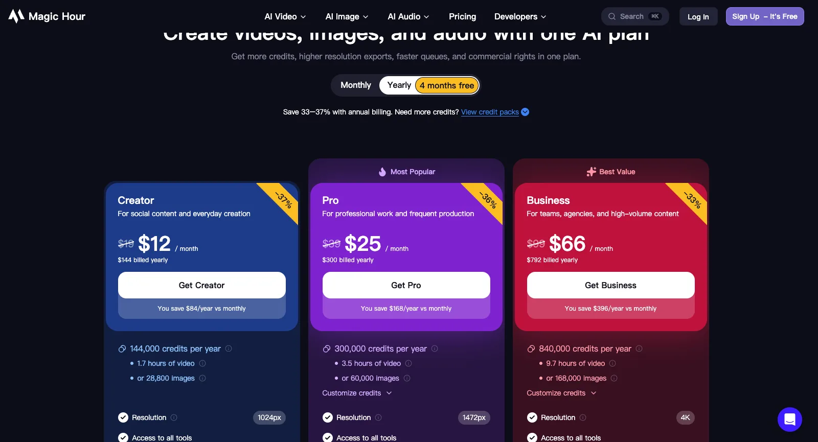 Cennik Magic Hour bez logowania, rozliczenie roczne: Creator $12, Pro $25 i Business $66 miesięcznie przy rozliczeniu rocznym, ze 144 000, 300 000 i 840 000 kredytów rocznie