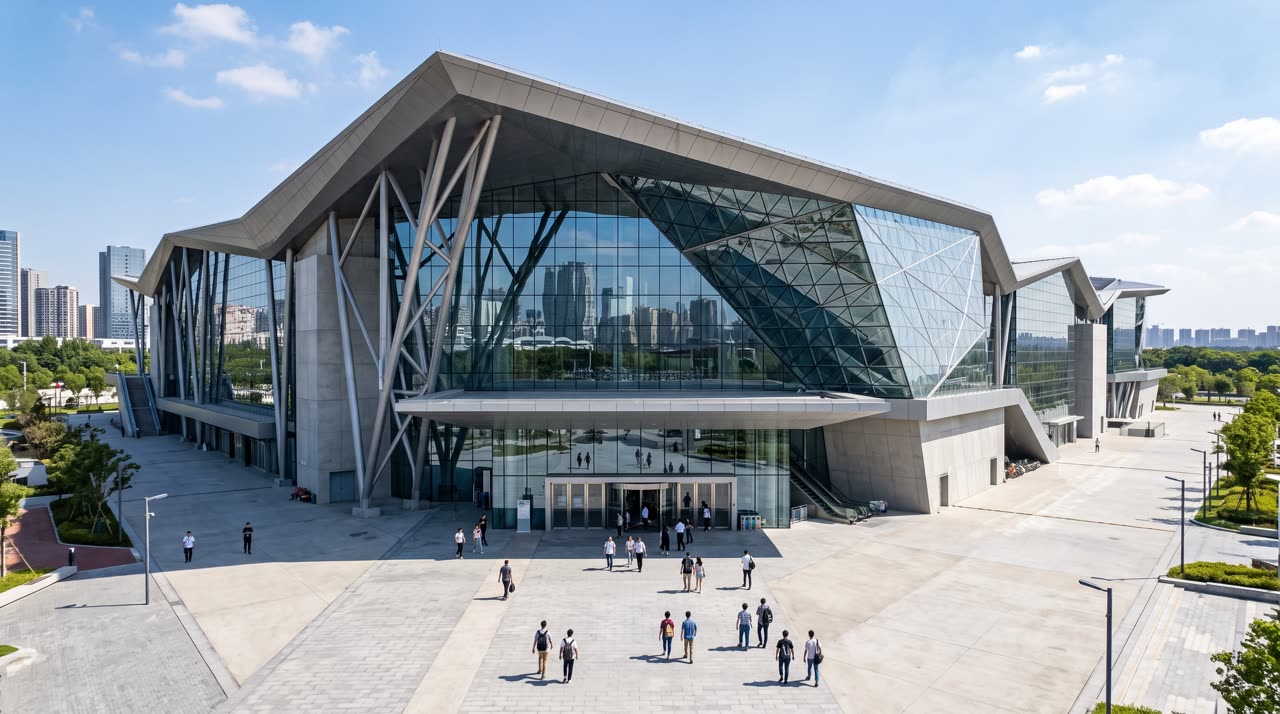 First frame: wide daytime view of a glass and steel exhibition centre with visitors walking toward the entrance
