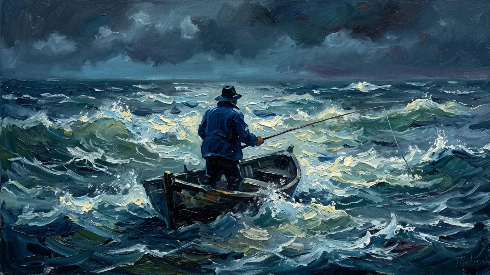 Google official Nano Banana 2.1 example: impressionist oil painting of a fisherman in a stormy sea