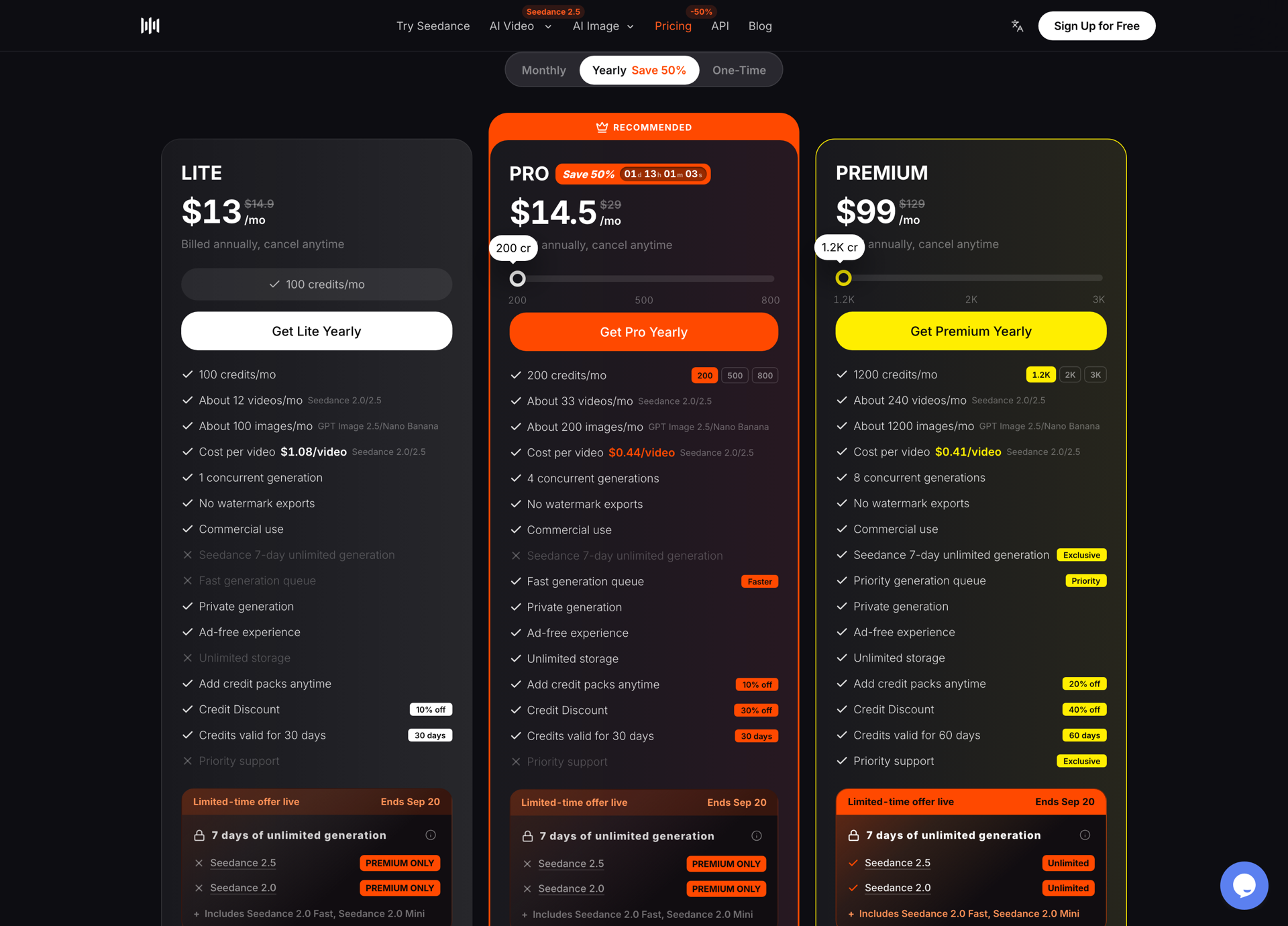 Seedance AI pricing page showing Lite, Pro and Premium plans with credits, resolution and commercial use