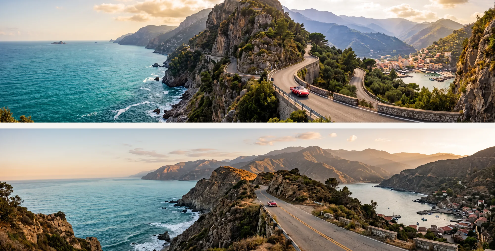 Dos panorámicas ultraanchas de una carretera costera apiladas, Nano Banana 2 arriba y Nano Banana 2.1 abajo
