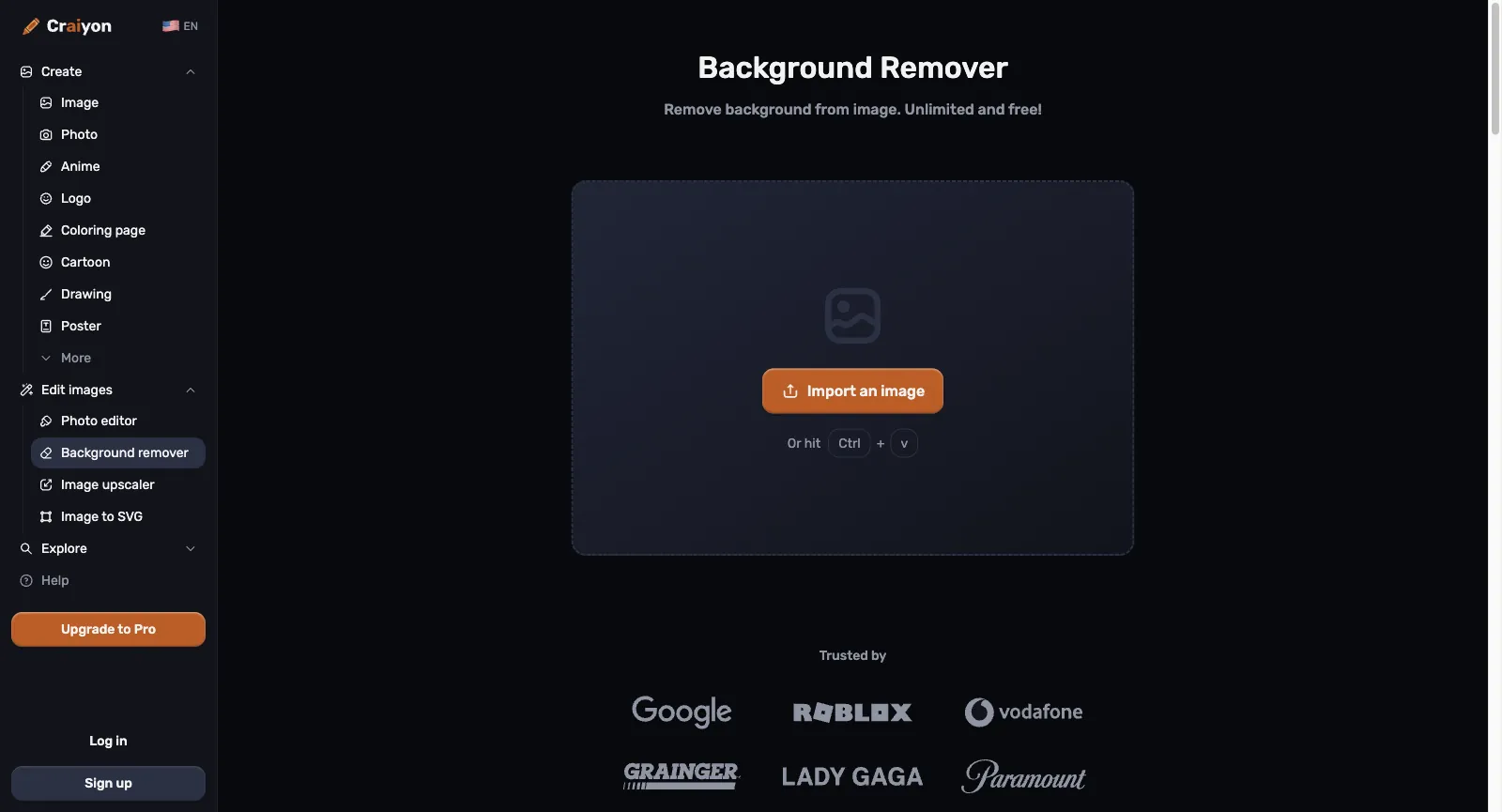 Background Remover de Craiyon, déconnecté : Remove background from image. Unlimited and free!, un bouton Import an image avec collage Ctrl + V, et les logos Trusted by